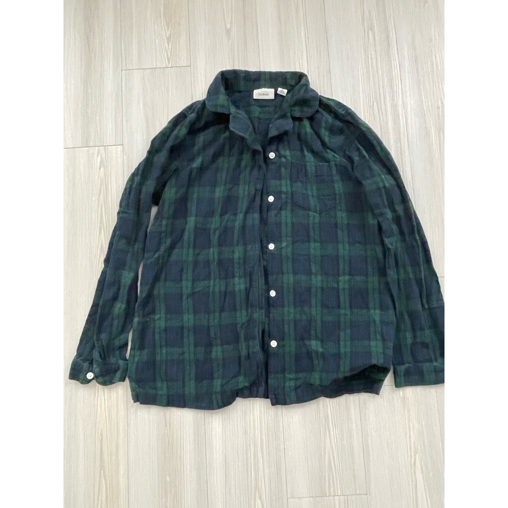 L.L. Bean Women's Green and Navy Flannel Button Up Shirt Size Medium Autumn